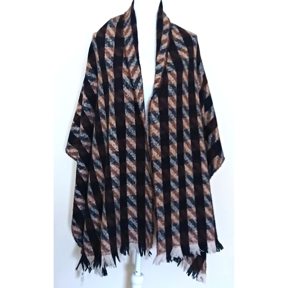 NWT Pretty Persuasions Plaid Shawl Scarf Brown/Blk/Tan Soft Acrylic Fringe 26X80